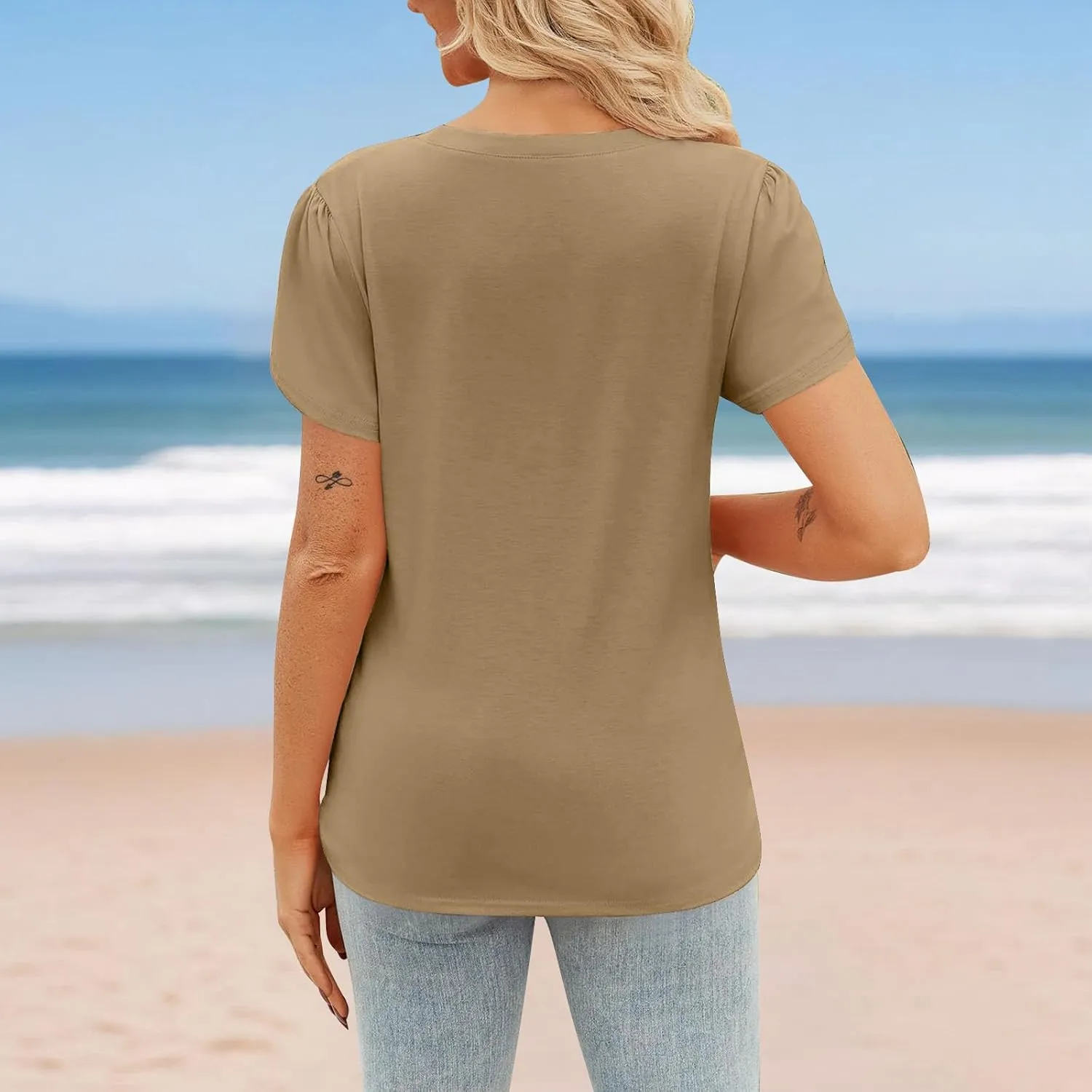 Women's Fashion Crossed Hem Tops Summer Solid Color Short Sleeve Crewneck Shirts Casual Comfy Loose Ventilate Top