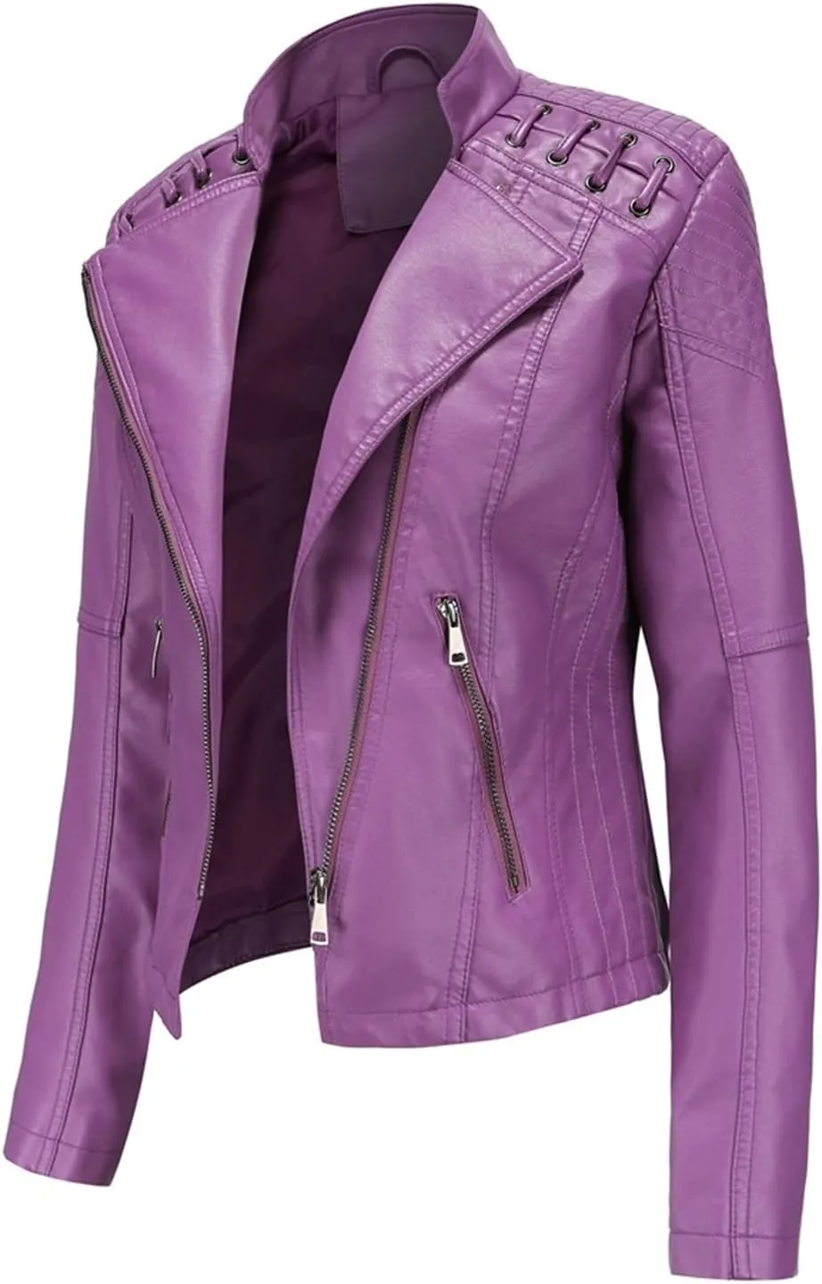 Women's Faux Leather Short Moto Jacket, Moto Biker Shirts Loose Fit Blazer with Long Sleeves Zip Up Casual Jacket