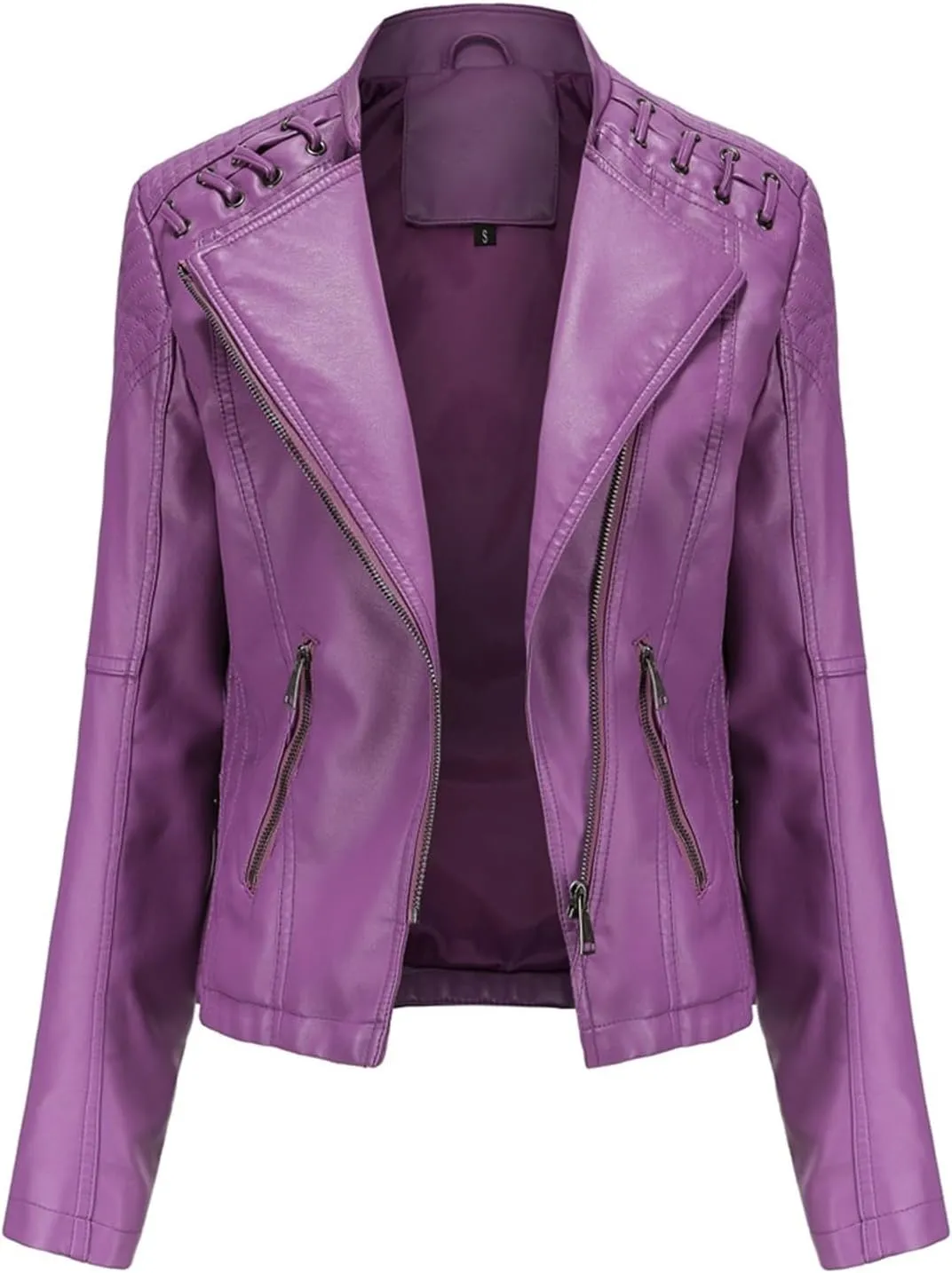 Women's Faux Leather Short Moto Jacket, Moto Biker Shirts Loose Fit Blazer with Long Sleeves Zip Up Casual Jacket