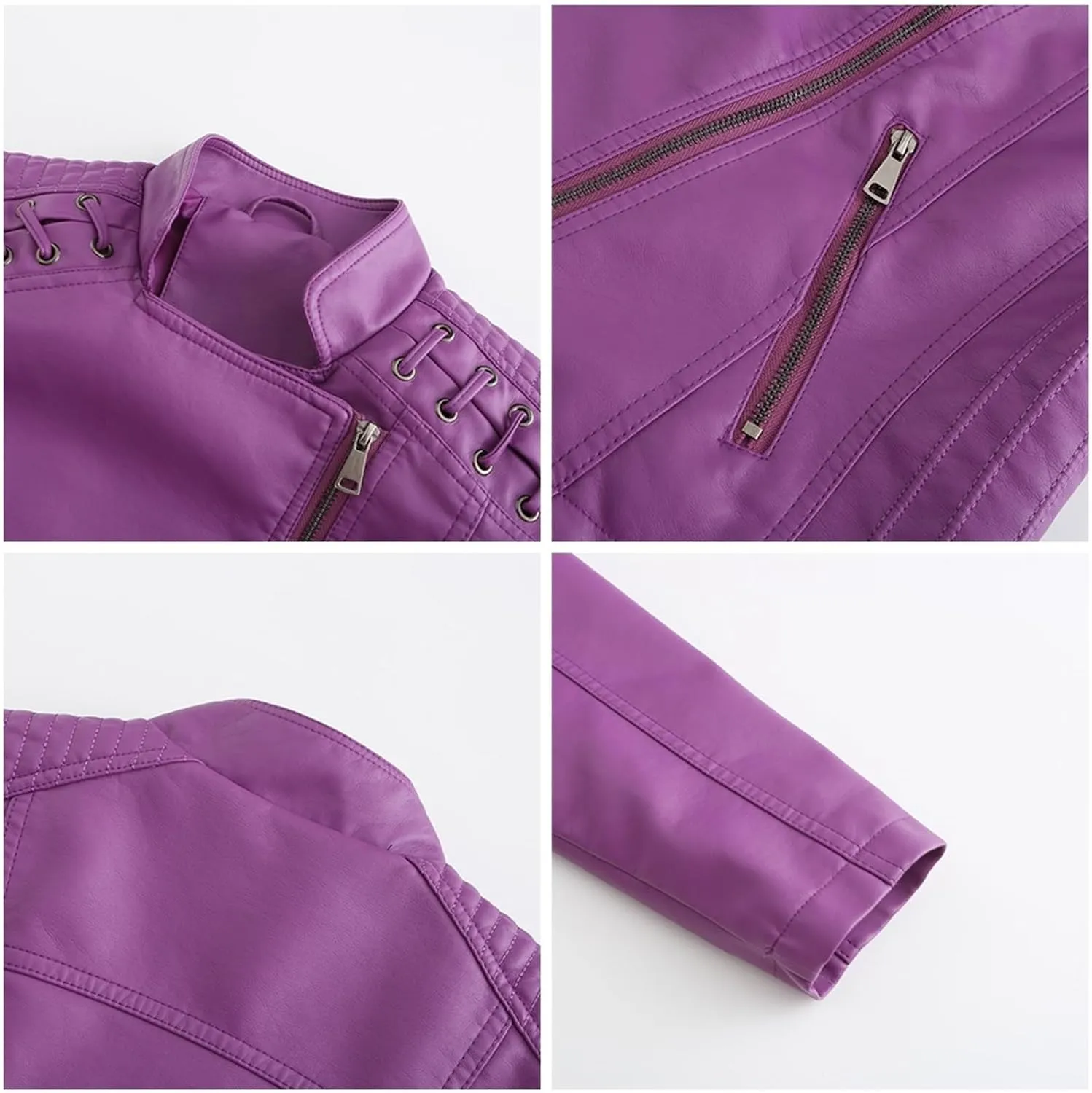Women's Faux Leather Short Moto Jacket, Moto Biker Shirts Loose Fit Blazer with Long Sleeves Zip Up Casual Jacket