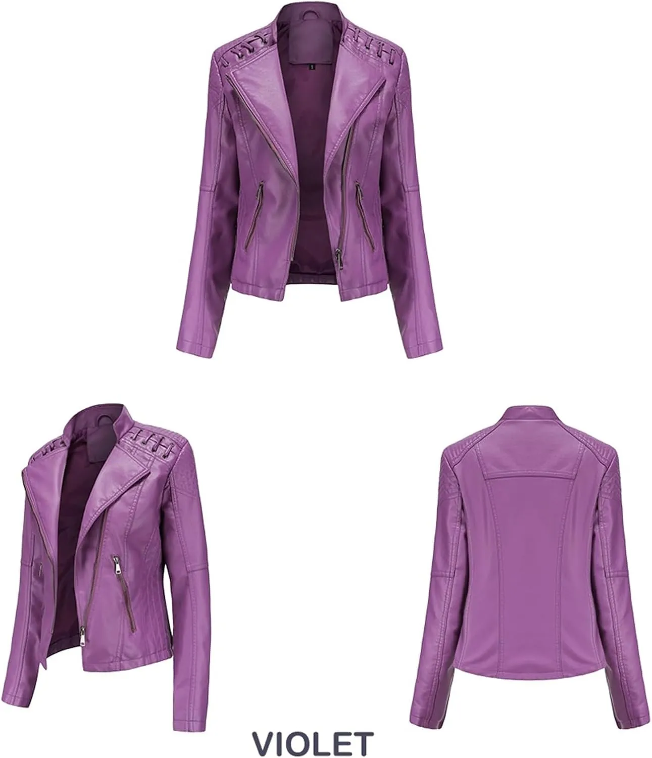 Women's Faux Leather Short Moto Jacket, Moto Biker Shirts Loose Fit Blazer with Long Sleeves Zip Up Casual Jacket