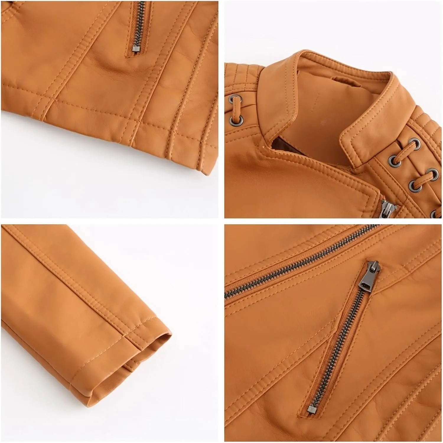 Women's Faux Leather Short Moto Jacket, Moto Biker Shirts Loose Fit Blazer with Long Sleeves Zip Up Casual Jacket