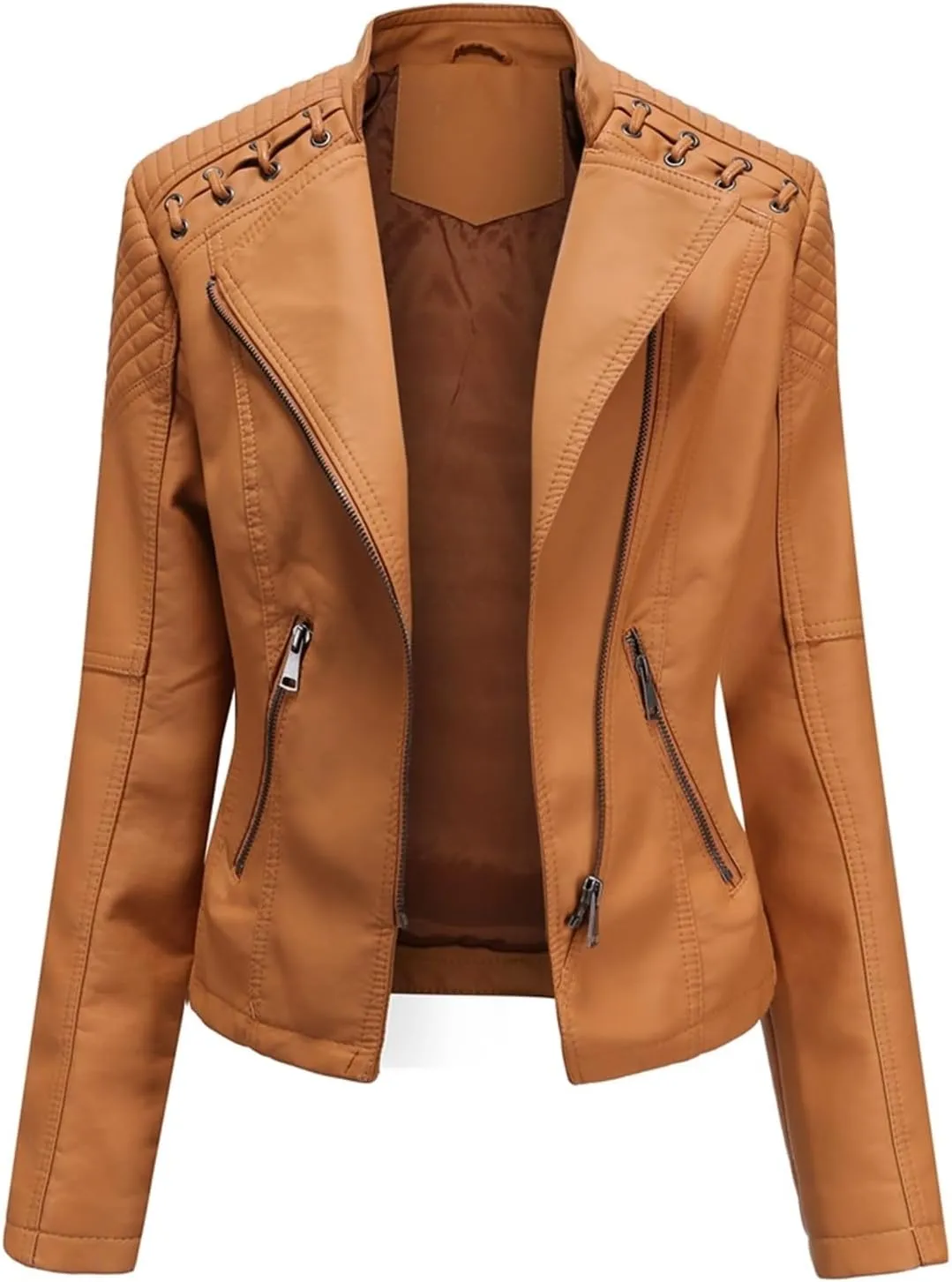 Women's Faux Leather Textured Short Moto Jacket Transitional Jacket Casual Zip Up Slim Biker Coat Motorcycle Jacket