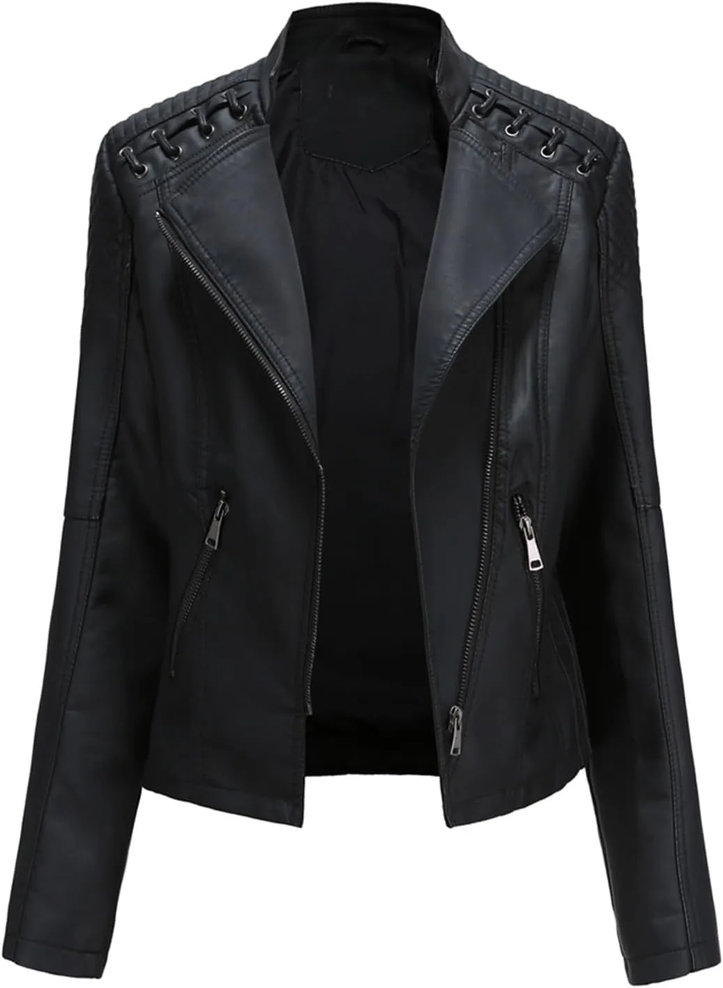 Women's Faux Leather Textured Short Moto Jacket Transitional Jacket Casual Zip Up Slim Biker Coat Motorcycle Jacket