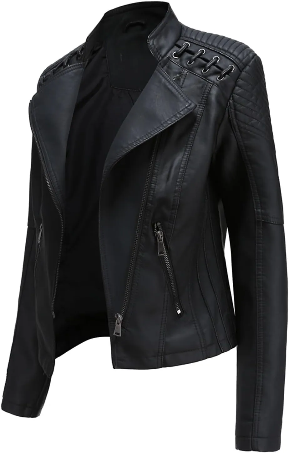 Women's Faux Leather Textured Short Moto Jacket Transitional Jacket Casual Zip Up Slim Biker Coat Motorcycle Jacket