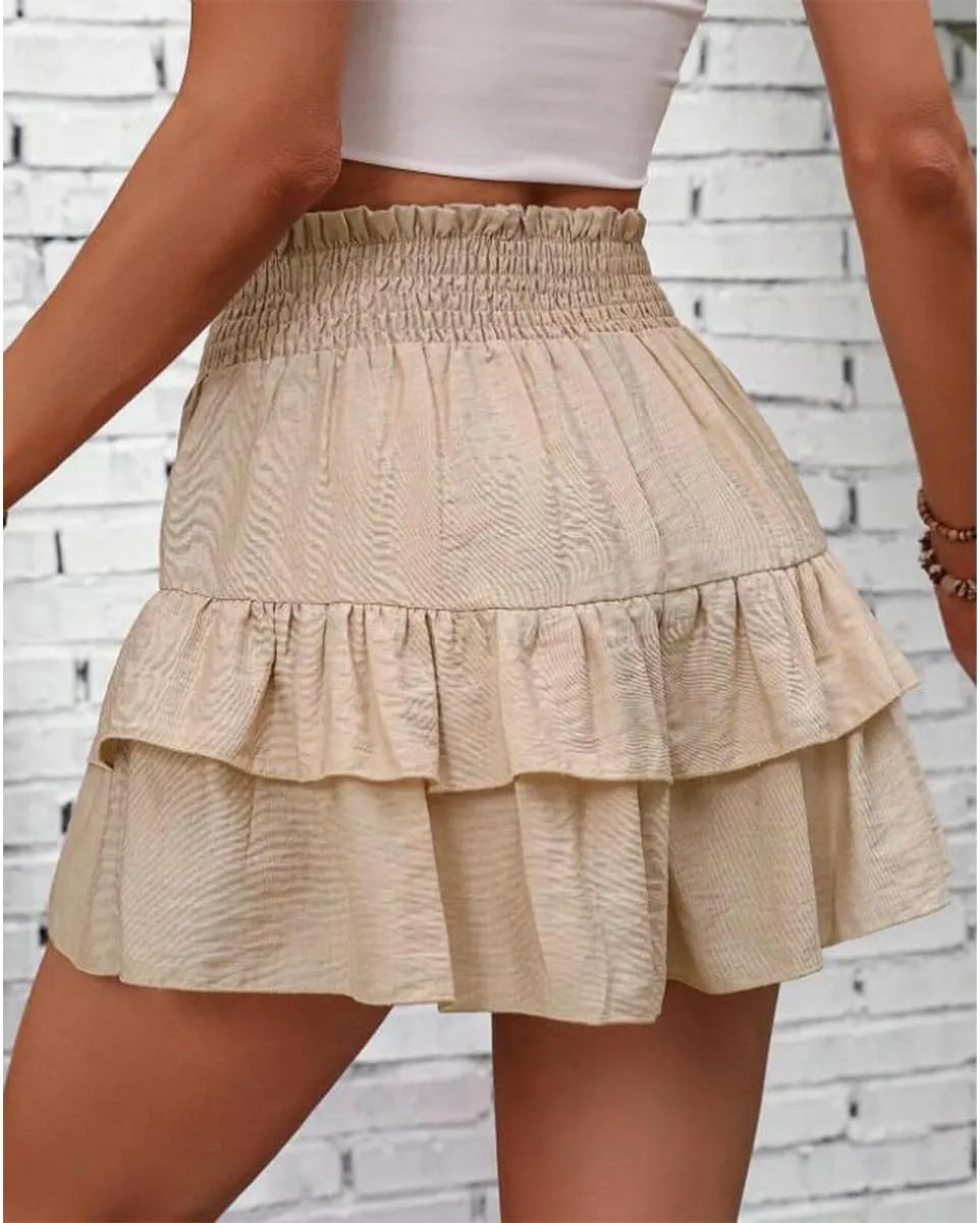 Women's Frill Trim Ruffle Hem Shirred High Waist Shorts, Ruffle Trim Shorts Elastic Waist Skirt