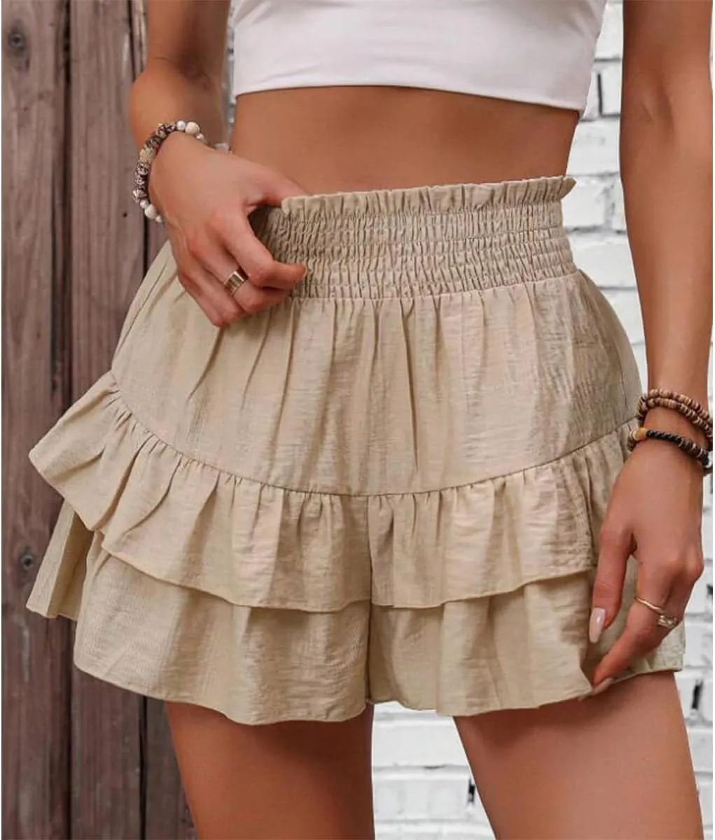 Women's Frill Trim Ruffle Hem Shirred High Waist Shorts, Ruffle Trim Shorts Elastic Waist Skirt