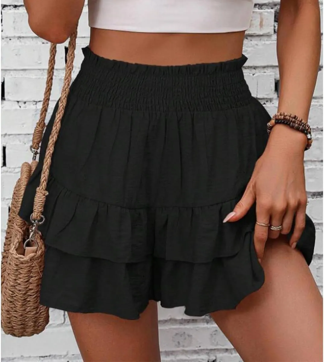 Women's Frill Trim Ruffle Hem Shirred High Waist Shorts, Ruffle Trim Shorts Elastic Waist Skirt