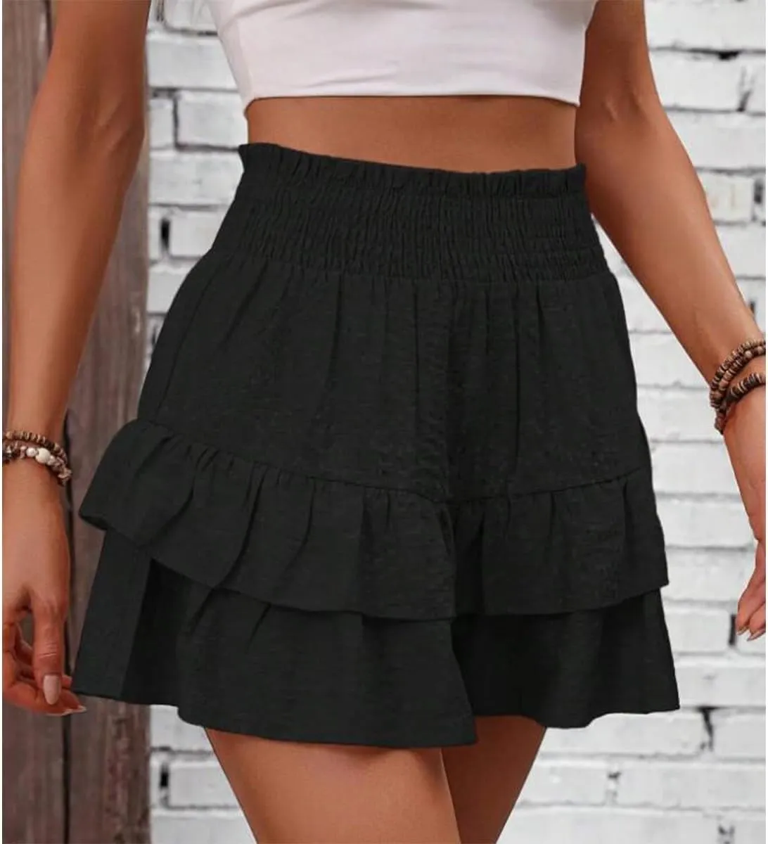 Women's Frill Trim Ruffle Hem Shirred High Waist Shorts, Ruffle Trim Shorts Elastic Waist Skirt
