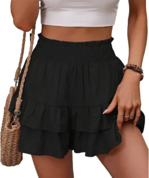 Women's Frill Trim Ruffle Hem Shirred High Waist Shorts, Ruffle Trim Shorts Elastic Waist Skirt