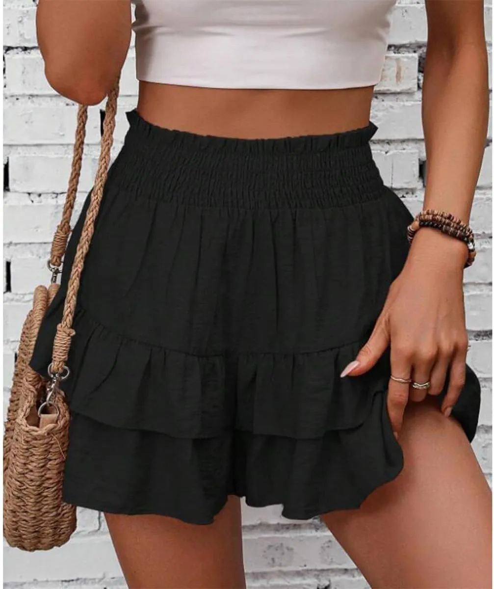Women's Frill Trim Ruffle Hem Shirred High Waist Shorts, Ruffle Trim Shorts Elastic Waist Skirt