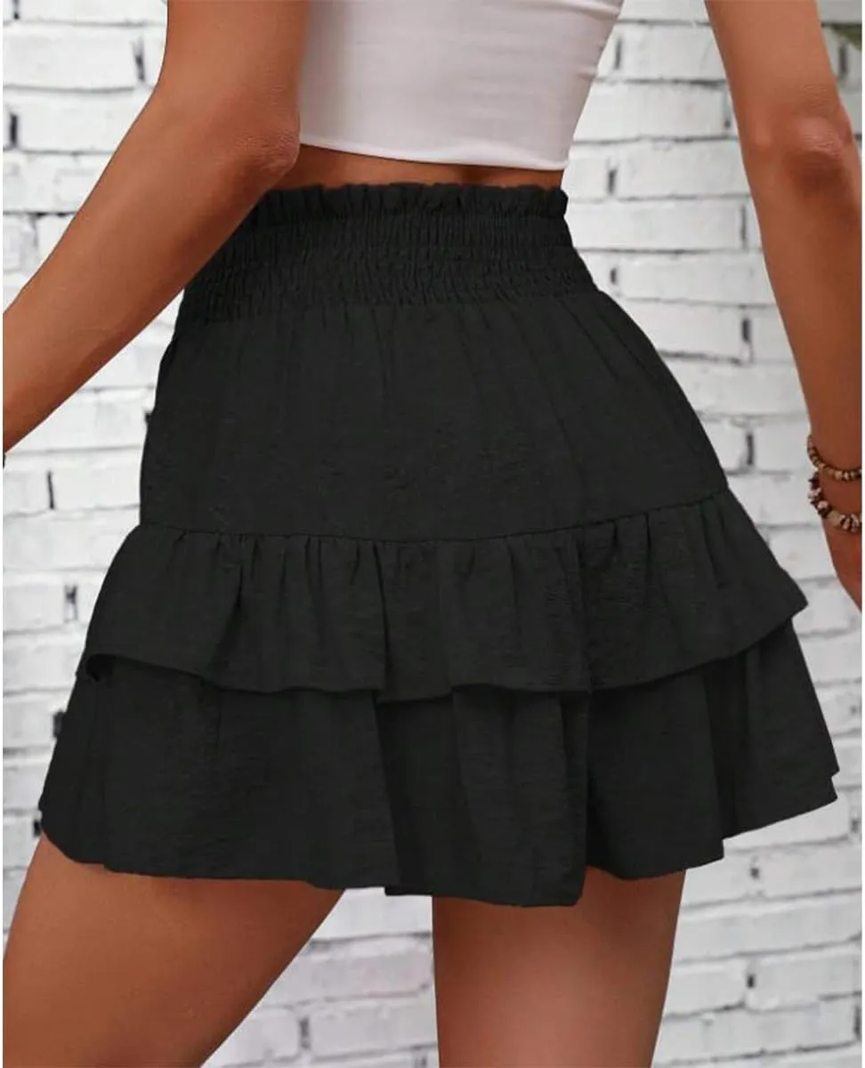 Women's Frill Trim Ruffle Hem Shirred High Waist Shorts, Ruffle Trim Shorts Elastic Waist Skirt