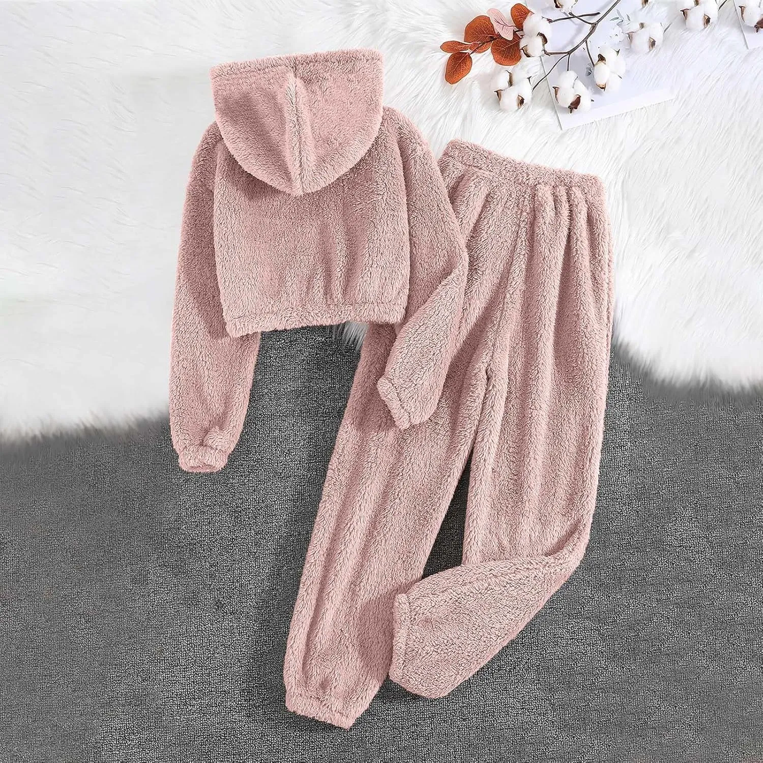 Women's Fuzzy Casual Pajamas Sets Long Sleeve Hooded Fleece Pullover and Pants Set 2 Piece Fluffy Loungewear Sleepwear
