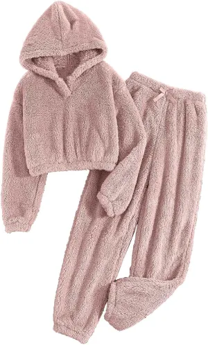 Women's Fuzzy Casual Pajamas Sets Long Sleeve Hooded Fleece Pullover and Pants Set 2 Piece Fluffy Loungewear Sleepwear