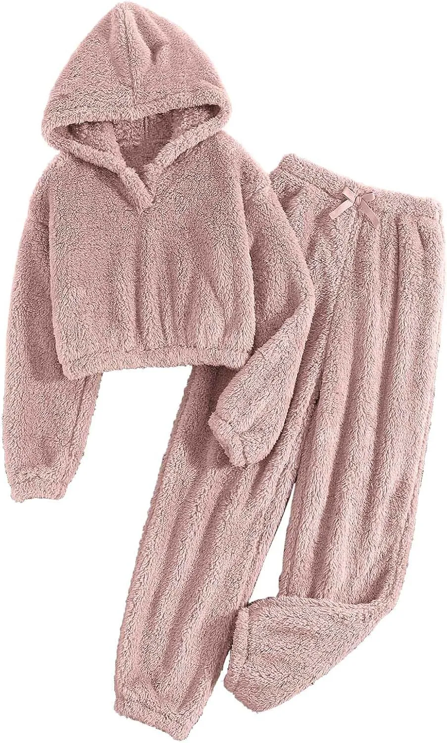 Women's Fuzzy Casual Pajamas Sets Long Sleeve Hooded Fleece Pullover and Pants Set 2 Piece Fluffy Loungewear Sleepwear