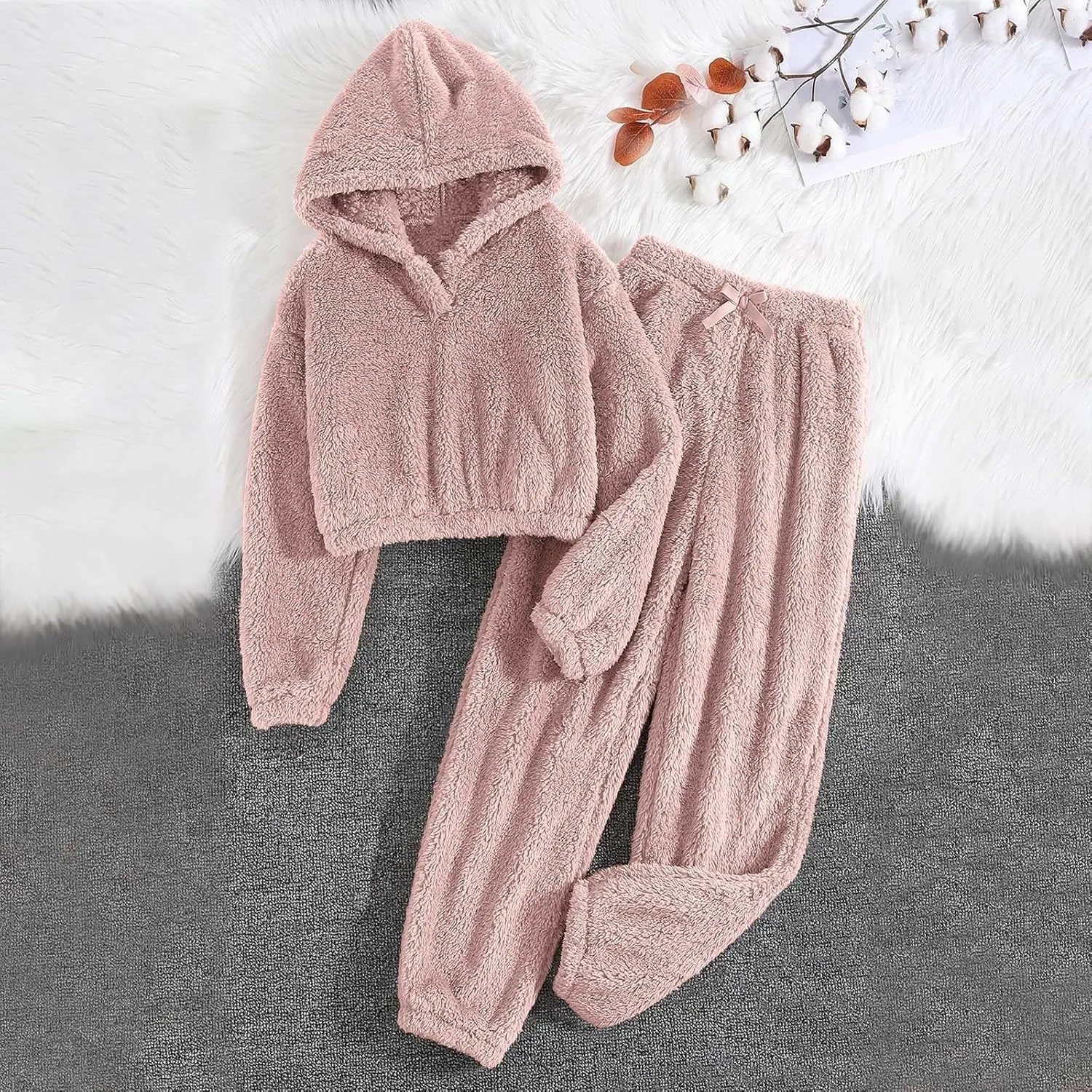 Women's Fuzzy Casual Pajamas Sets Long Sleeve Hooded Fleece Pullover and Pants Set 2 Piece Fluffy Loungewear Sleepwear