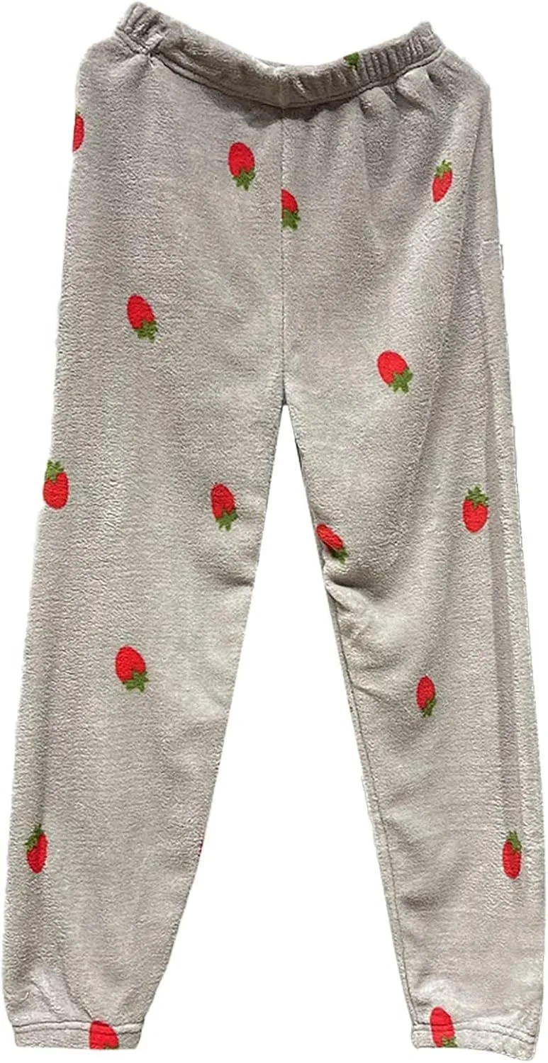 Women's Fuzzy Plush Pajama Pants Strawberry Printed Comfy Warm Fleece Pajama Lounge Long Pants Sleepwear Home Pants