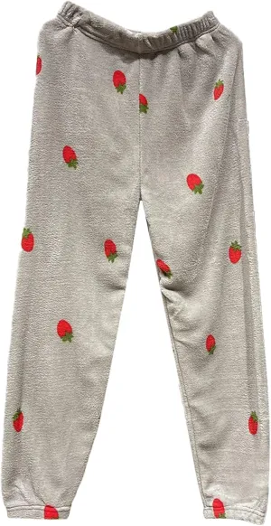 Women's Fuzzy Plush Pajama Pants Strawberry Printed Comfy Warm Fleece Pajama Lounge Long Pants Sleepwear Home Pants