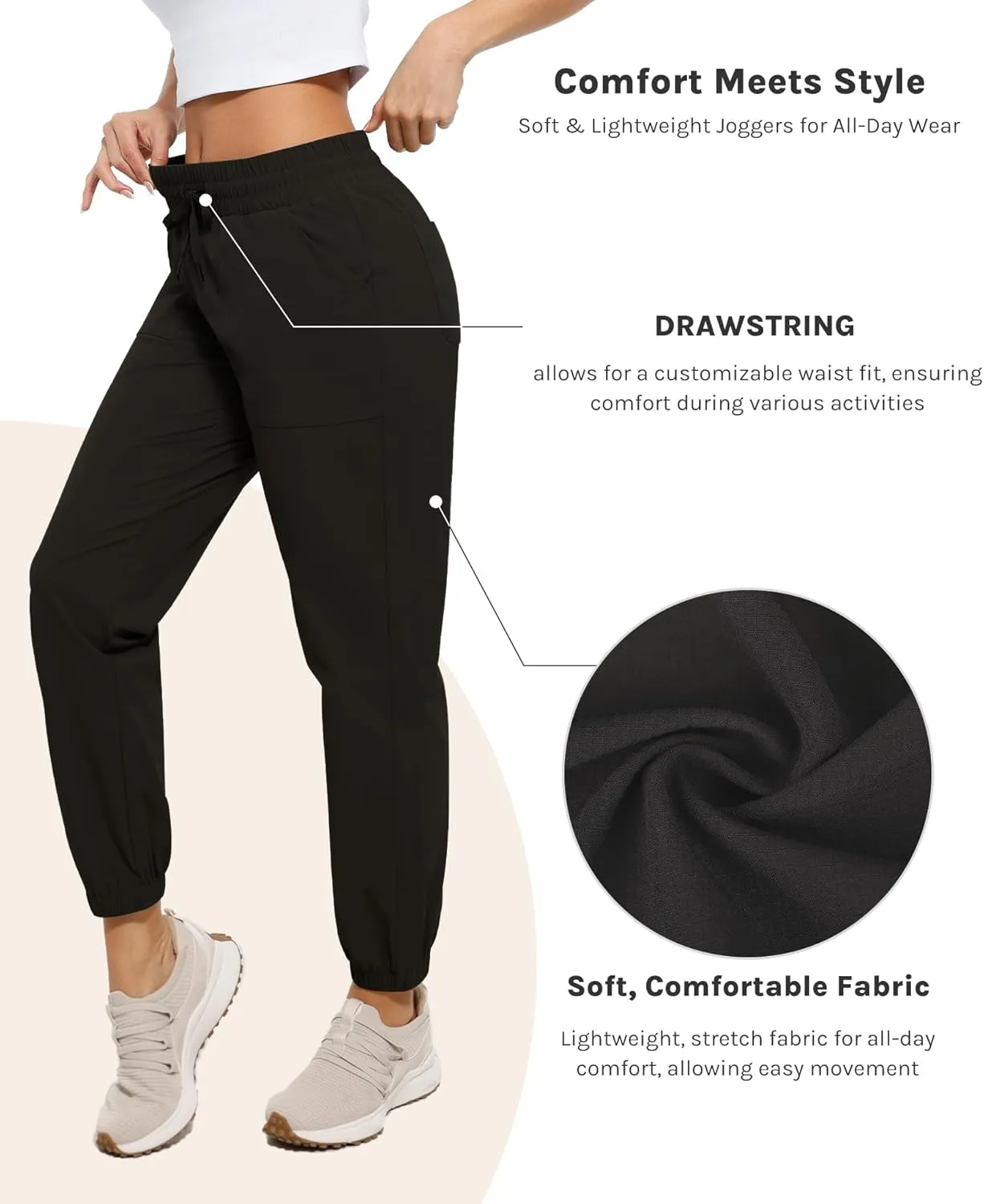 Womens Golf Pants Quick Dry Ultra Light Stretch Pockets Soft Workout Pants for Travel with Inside Drawstrings