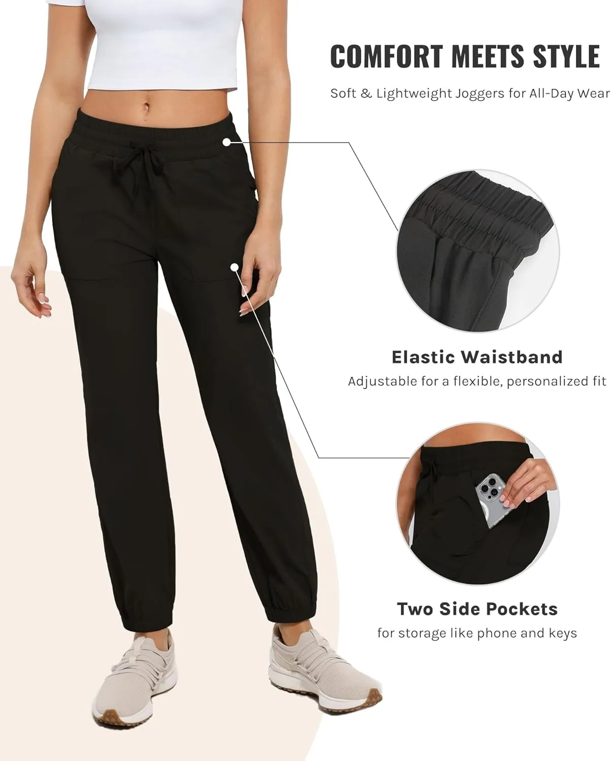 Womens Golf Pants Quick Dry Ultra Light Stretch Pockets Soft Workout Pants for Travel with Inside Drawstrings