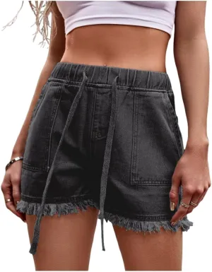 Womens High Waisted Denim Shorts Casual Baggy Trendy Short Pants Elastic Waist Drawstring Frayed Raw Hem Shorts