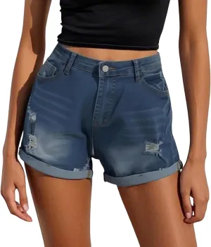 Womens High Waisted Jean Shorts Ripped Casual Fringe Hem Denim Short Frayed Trim Stretchy Shorts with Pockets