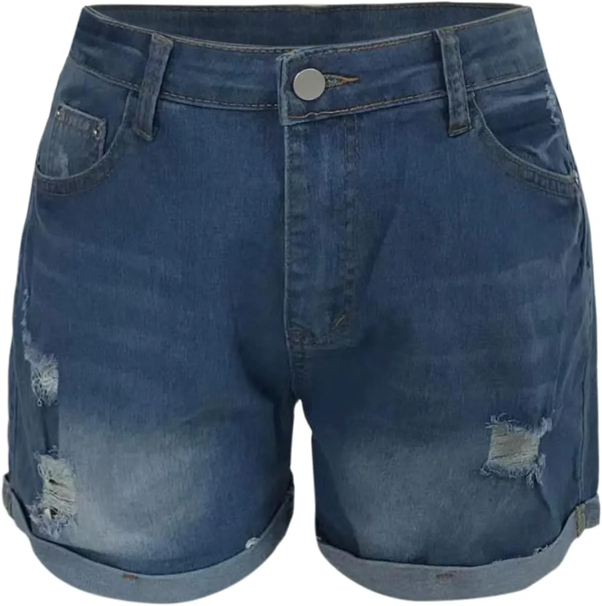 Womens High Waisted Jean Shorts Ripped Casual Fringe Hem Denim Short Frayed Trim Stretchy Shorts with Pockets