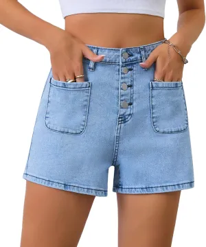 Womens Jean Shorts High Waisted Button Cute Summer Denim Shorts with Front Pockets