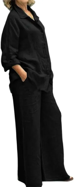 Womens Linen 2 Piece Outfits Long Sleeves Button Down Tops and Pant Suits Casual Loose Summer Business Work Suits