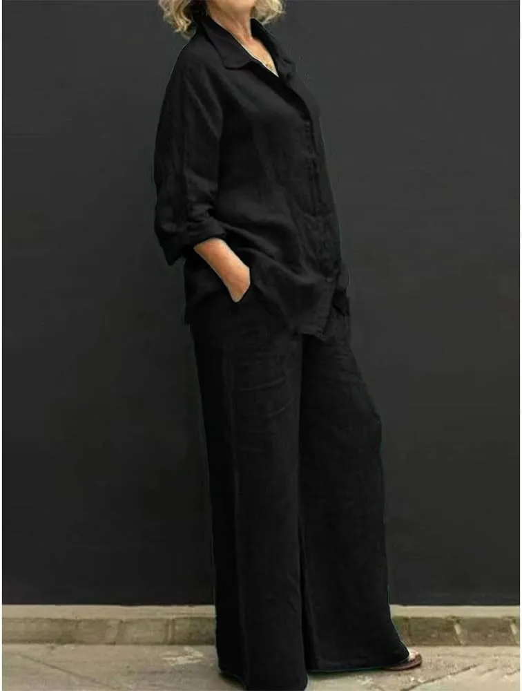 Womens Linen 2 Piece Outfits Long Sleeves Button Down Tops and Pant Suits Casual Loose Summer Business Work Suits