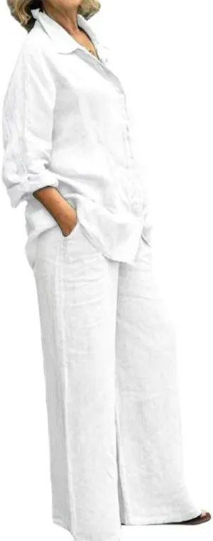 Womens Linen 2 Piece Outfits Long Sleeves Button Down Tops and Pant Suits Casual Loose Summer Business Work Suits