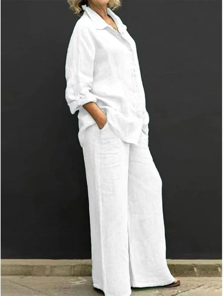 Womens Linen 2 Piece Outfits Long Sleeves Button Down Tops and Pant Suits Casual Loose Summer Business Work Suits