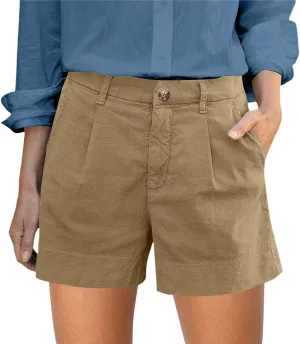 Womens Linen Business Shorts Front Button Baggy High Waist Pleated Shorts Lightweight Casual Work Short with Pockets