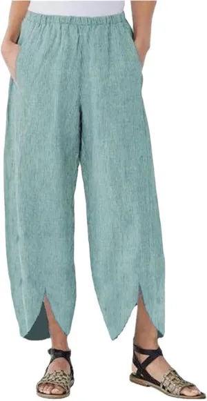 Women's Linen Cropped Wide Leg Pants Elastic Waist Casual Palazzo Trousers with Pockets