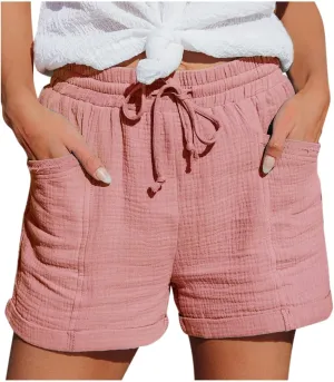 Women's Linen Drawstring Shorts Casual Summer Elastic Waist Chino Shorts Lightweight Loose Pants with Pockets
