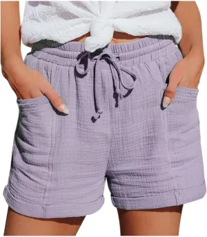 Women's Linen Drawstring Shorts Casual Summer Elastic Waist Chino Shorts Lightweight Loose Pants with Pockets