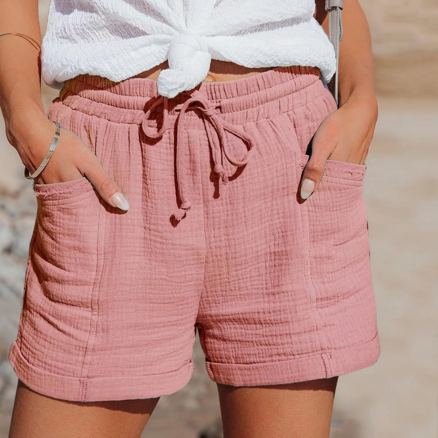 Women's Linen Drawstring Shorts Casual Summer Elastic Waist Chino Shorts Lightweight Loose Pants with Pockets