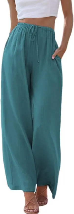 Womens Linen Wide Leg Pants Drawstring Elastic Waist Palazzo Pants Daily Wear Beach Trousers with Pockets