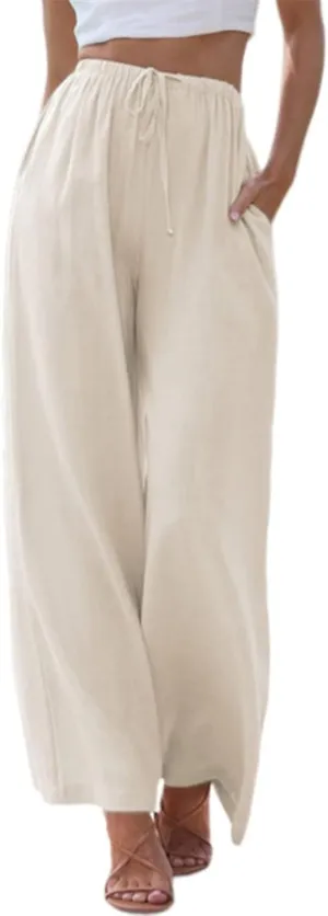 Womens Linen Wide Leg Pants Drawstring Elastic Waist Palazzo Pants Daily Wear Beach Trousers with Pockets