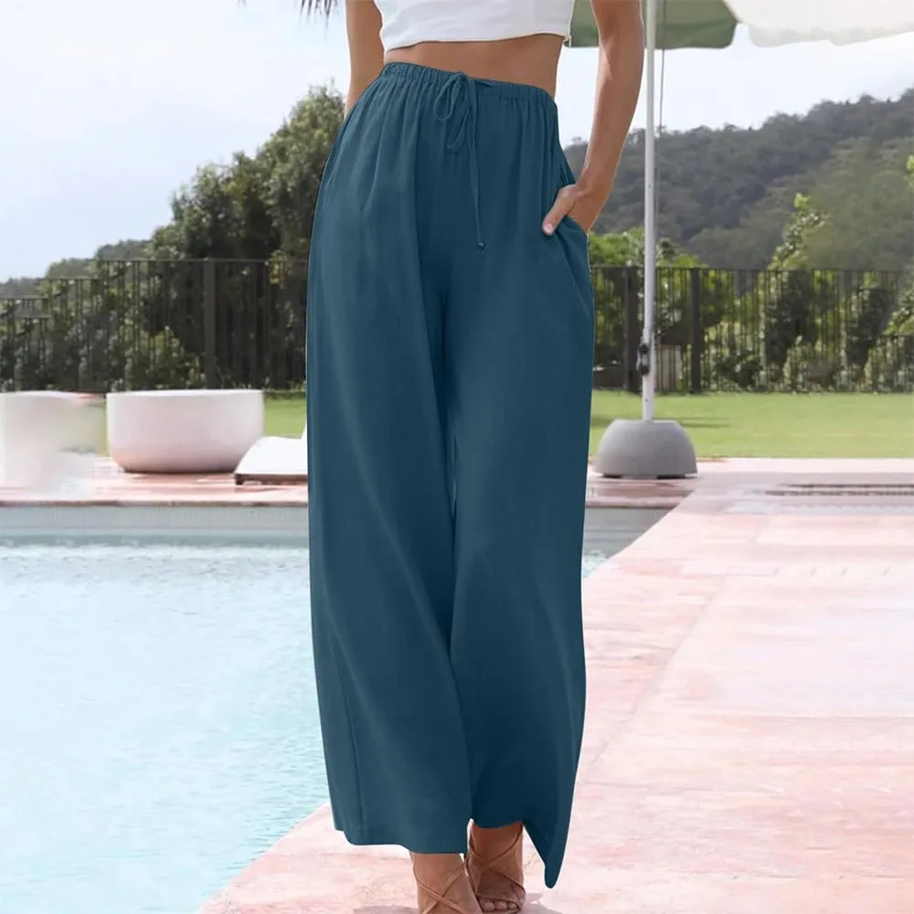 Womens Linen Wide Leg Pants Drawstring Elastic Waist Palazzo Pants Daily Wear Beach Trousers with Pockets