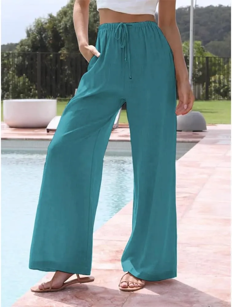 Womens Linen Wide Leg Pants Drawstring Elastic Waist Palazzo Pants Daily Wear Beach Trousers with Pockets