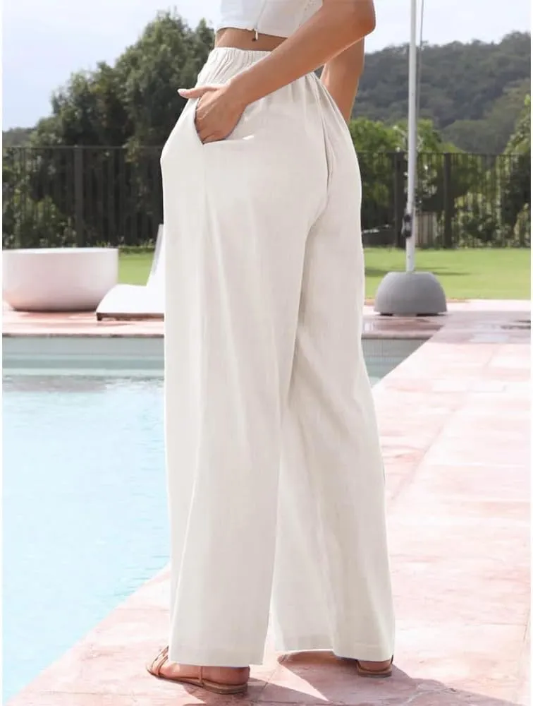 Womens Linen Wide Leg Pants Drawstring Elastic Waist Palazzo Pants Daily Wear Beach Trousers with Pockets