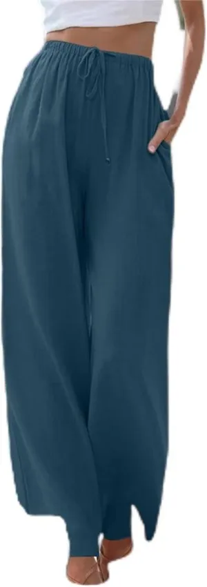 Womens Linen Wide Leg Pants Drawstring Elastic Waist Palazzo Pants Daily Wear Beach Trousers with Pockets