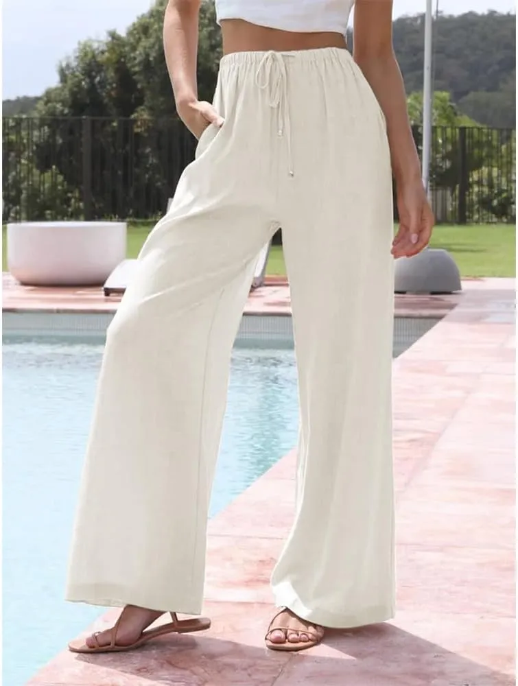 Womens Linen Wide Leg Pants Drawstring Elastic Waist Palazzo Pants Daily Wear Beach Trousers with Pockets