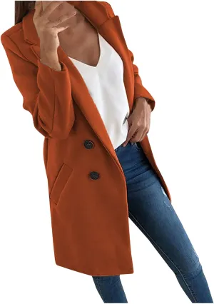 Womens Long Blazers Wool Blend Double Breasted Jackets Fall Winter Basic Warm Outwear Casual Work Office Lapel Coats