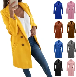 Womens Long Blazers Wool Blend Double Breasted Jackets Fall Winter Basic Warm Outwear Casual Work Office Lapel Coats