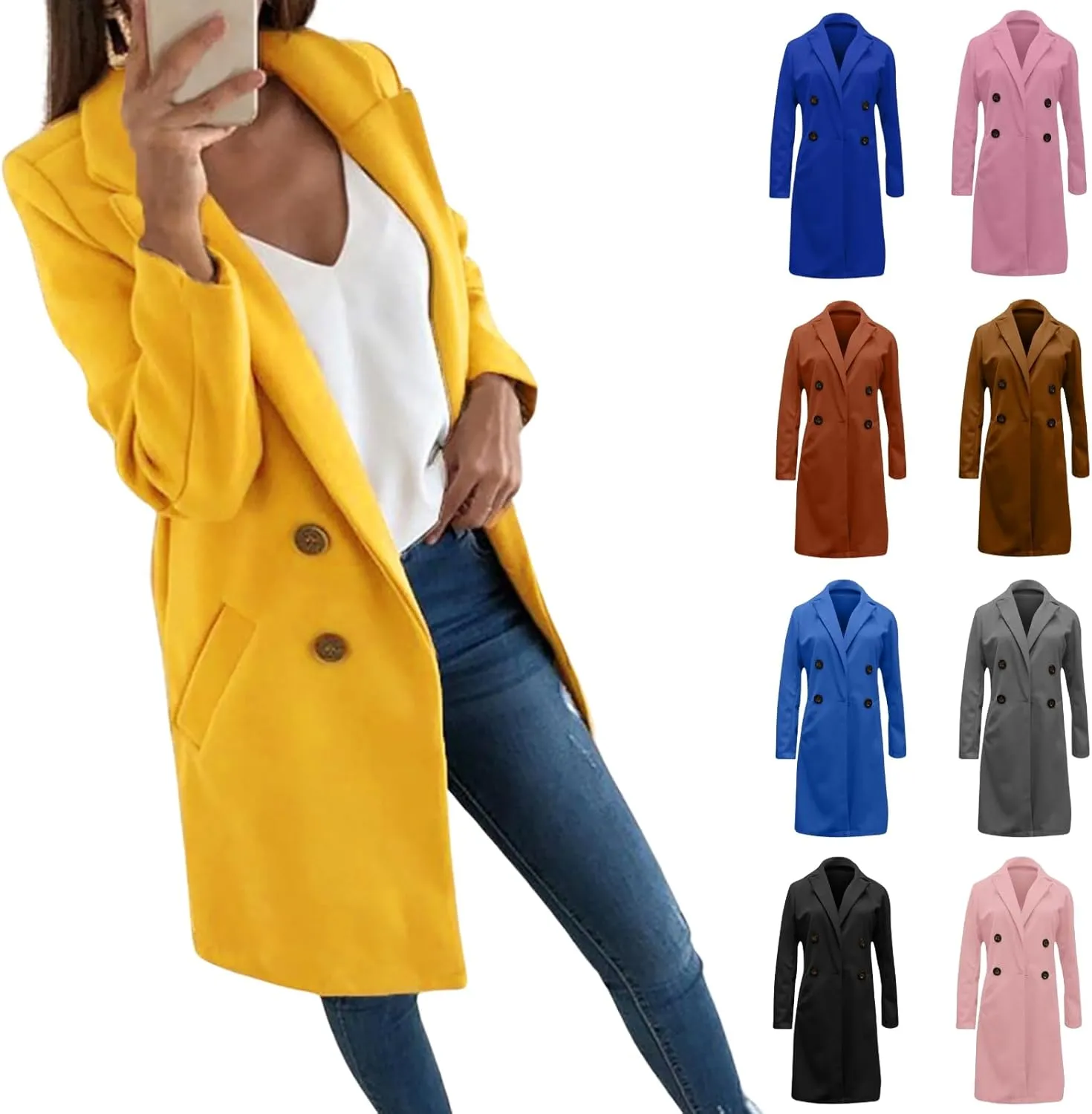 Womens Long Blazers Wool Blend Double Breasted Jackets Fall Winter Basic Warm Outwear Casual Work Office Lapel Coats