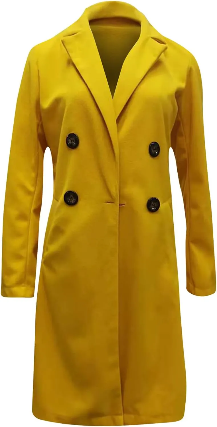 Womens Long Blazers Wool Blend Double Breasted Jackets Fall Winter Basic Warm Outwear Casual Work Office Lapel Coats