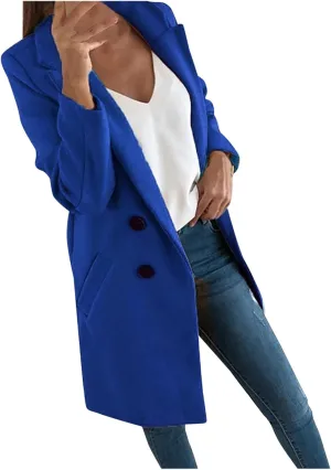 Womens Long Blazers Wool Blend Double Breasted Jackets Fall Winter Basic Warm Outwear Casual Work Office Lapel Coats