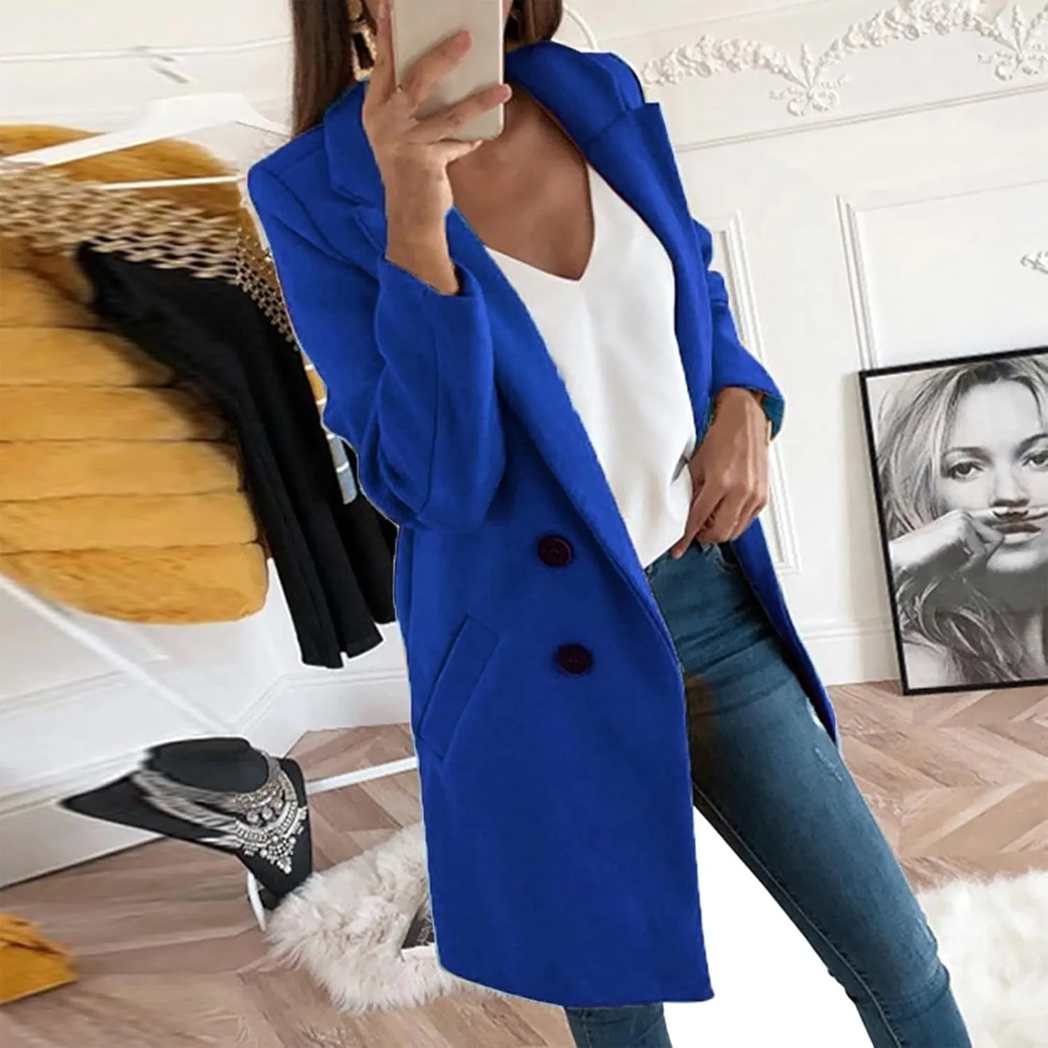 Womens Long Blazers Wool Blend Double Breasted Jackets Fall Winter Basic Warm Outwear Casual Work Office Lapel Coats